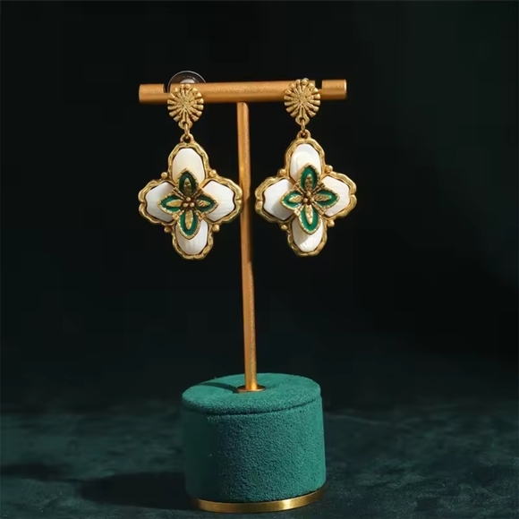 Anthropologie Jewelry - Vintage Gold & White Enamel Floral Drop Earrings with Green Accents